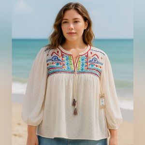 Context (Lord & Taylor Exclusive) Embroidered Boho Peasant Blouse – Size 3X NWT